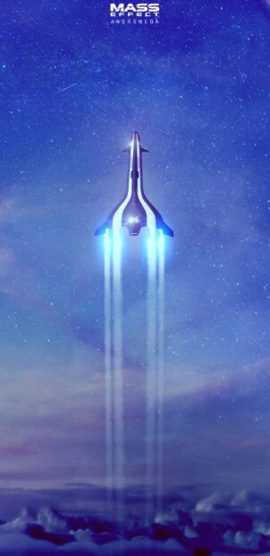 A spaceship from Mass Effect Andromeda launches through a starry sky with glowing thrusters, 2K Mobile Wallpaper