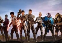 The Mass Effect Andromeda team stands united with weapons ready, HD Desktop Wallpaper