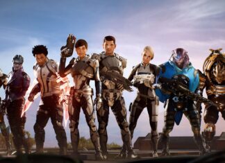 The Mass Effect Andromeda team stands united with weapons ready, HD Desktop Wallpaper