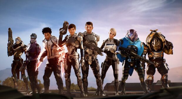 The Mass Effect Andromeda team stands united with weapons ready, HD Desktop Wallpaper