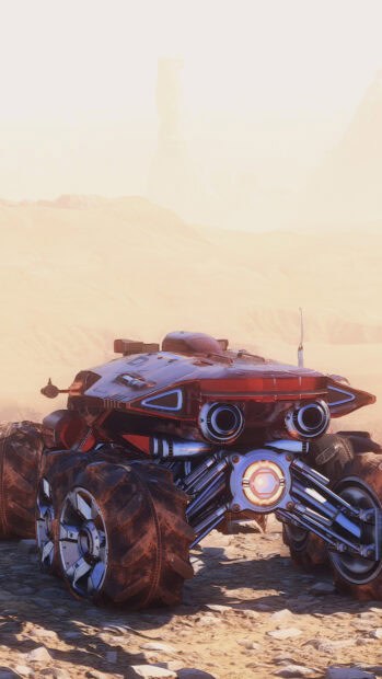 A futuristic rover explores a rocky desert in Mass Effect Andromeda, 4K Phone Wallpaper