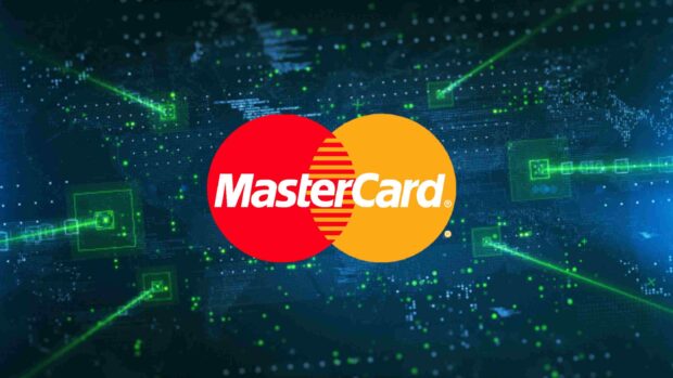 Mastercard logos connected by digital green lines on a blue background, 2K Desktop Wallpaper