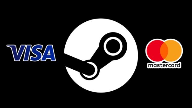 The image shows Mastercard logos alongside Steam and Visa logos on a black background, HD Desktop Wallpaper