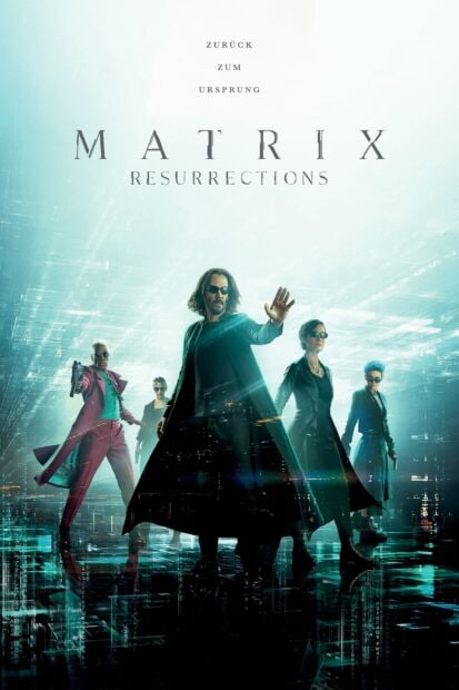 The Lana Wachowski wallpapers show a group of characters in a digital cityscape, 2K Phone Wallpaper