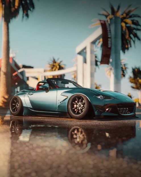 A Mazda MX 5 Miata is parked on a wet surface with palm trees and modern structures in the background, 2K Mobile Wallpaper