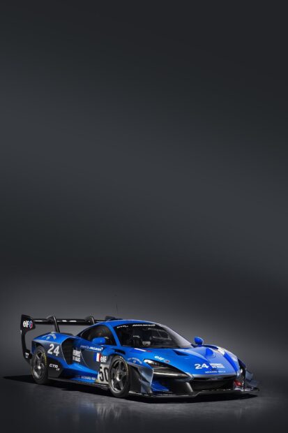 The blue Mclaren Senna racing car is shown with detailed aerodynamic features, HD Mobile Wallpaper