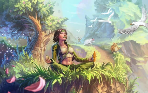 A character meditates on a floating grassy cliff with animals and birds around in Beyond Good And Evil game, 2K Desktop Wallpaper