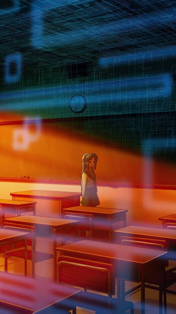A girl stands alone in a classroom with orange lighting and digital effects, 4K Mobile Wallpaper