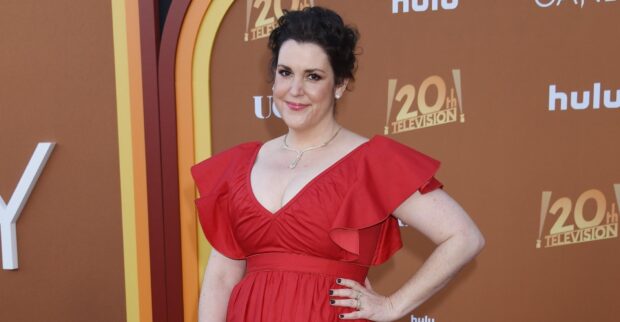 Melanie Lynskey smiles wearing a red dress at a television event, HD Desktop Wallpaper