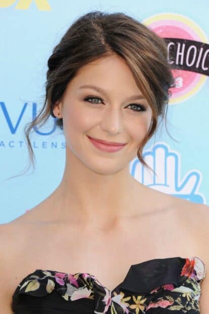 Melissa Benoist smiles warmly in a floral dress at an event, HD Mobile Wallpaper