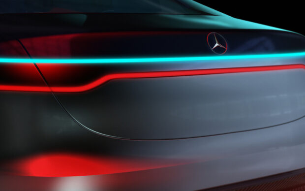The Mercedes Benz EQS features sleek rear lighting and emblem details in this wallpaper, HD Desktop Wallpaper