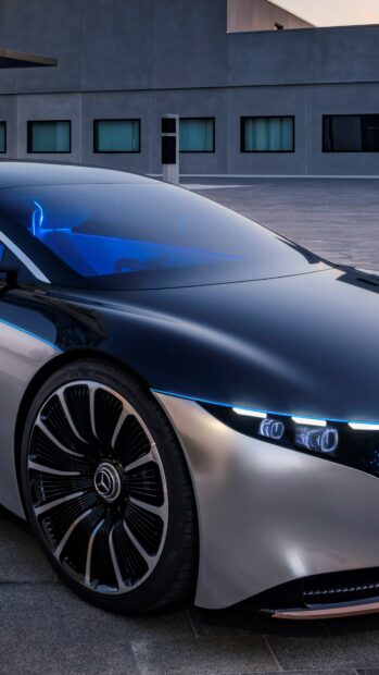 The image shows the sleek front design of a Mercedes Benz Eqs with glowing blue accents, 4K Phone Wallpaper