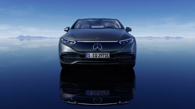 A Mercedes Benz Eqs is shown with clear reflections in a blue environment, HD Desktop Wallpaper