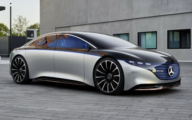 A sleek Mercedes Benz Eqs car is parked outside a modern building, HD Desktop Wallpaper