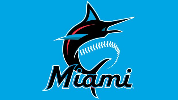 The Miami Marlins logo features a stylized marlin with baseball stitching on a bright blue background, 4K Desktop Wallpaper