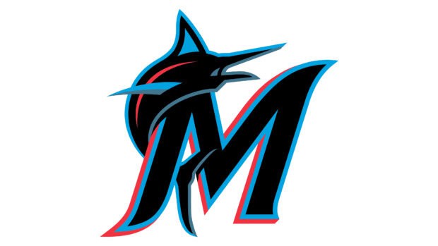 The Miami Marlins logo features a stylized M with a marlin fish in blue and red accents, 4K Desktop Wallpaper