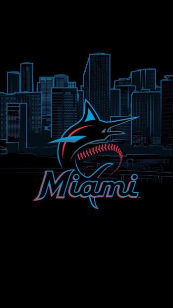 The Miami Marlins logo is shown with a dark city skyline background, HD Mobile Wallpaper