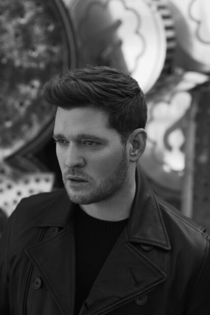 Michael Buble looks thoughtfully in a black and white portrait, HD Mobile Wallpaper
