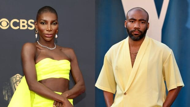 Michaela Coel wearing a bright yellow dress at a CBS event posing confidently, HD Desktop Wallpaper