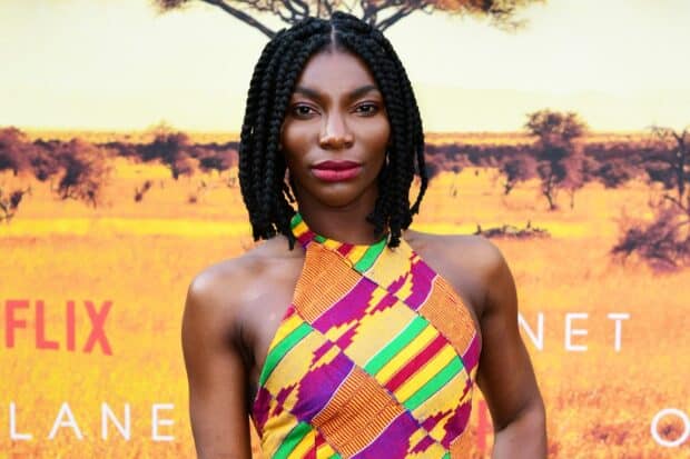 Michaela Coel stands confidently wearing a colorful patterned dress in front of a nature backdrop, HD Desktop Wallpaper