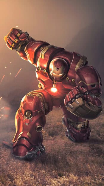 The Hulkbuster is standing strong in a dramatic battle stance, 4K Phone Wallpaper