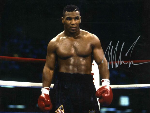 Mike Tyson stands confidently in the boxing ring wearing red gloves, HD Desktop Wallpaper