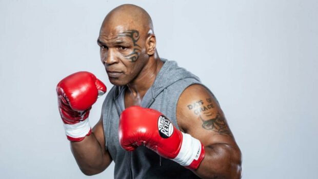 Mike Tyson stands with raised fists wearing red boxing gloves, HD Desktop Wallpaper