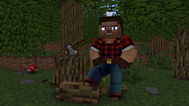 A Minecraft lumberjack chopping wood in the forest wearing a red checkered shirt, HD Desktop Wallpaper