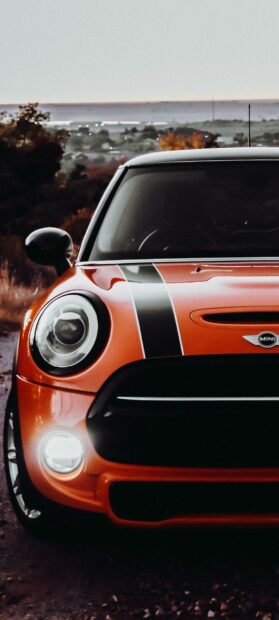 The Mini Cooper features black racing stripes on an orange body in a scenic outdoor setting, HD Phone Wallpaper