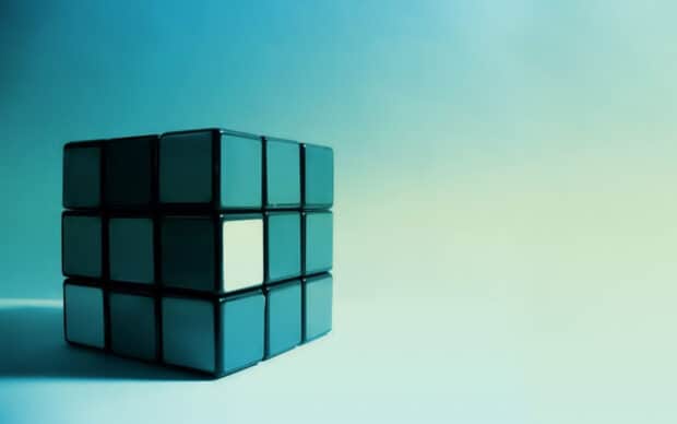 A cube wallpapers HD resolution featuring a dark blue cube with one white square on a light blue background, HD Desktop Wallpaper