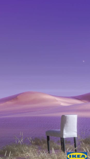 A minimalist chair is placed on desert sand dunes under a purple sky with Ikea Wallpapers, HD Phone Wallpaper