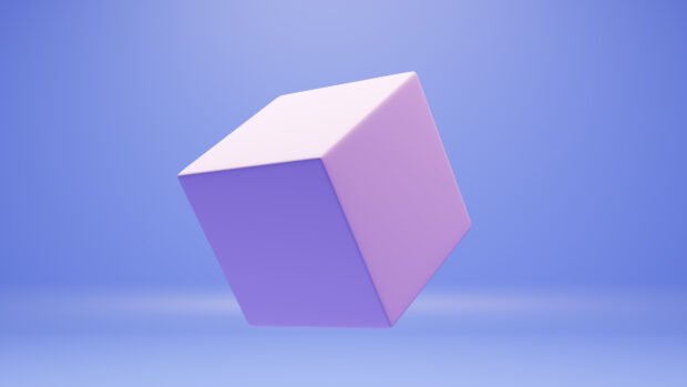 A purple cube is floating smoothly against a blue background in this cube wallpapers design, 4K Desktop Wallpaper