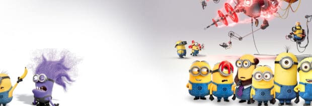 The image shows several minions with different expressions and one purple minion with wild hair, 2K Desktop Wallpaper