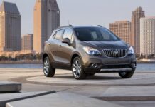 The Buick Encore is shown parked near waterfront with city skyline in the background, HD Desktop Wallpaper
