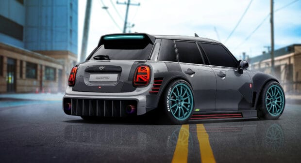 A sleek modern Mini Cooper shows off custom wheels and lights on a city street, 4K Desktop Wallpaper