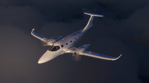 A modern aircraft flies above clouds during dusk, 4K Desktop Wallpaper
