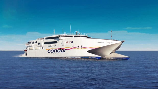 A modern ferry is sailing across calm blue water under a clear sky with ferry wallpapers, 2K Desktop Wallpaper