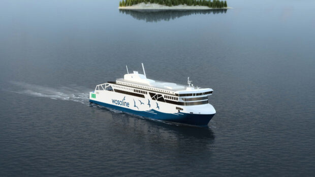 A modern ferry cruising through calm waters under a cloudy sky, 4K Desktop Wallpaper