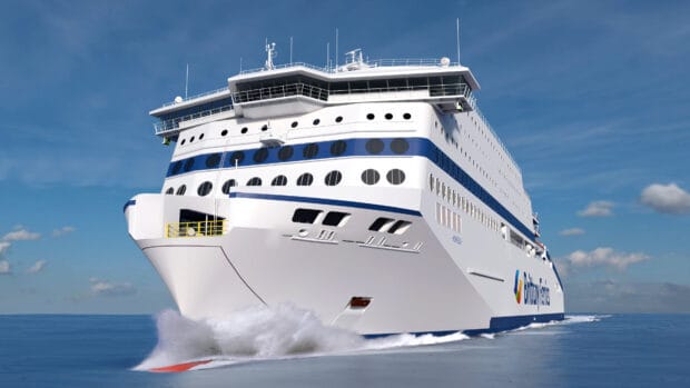 A large Brittany ferry cruising under a clear blue sky, 4K Desktop Wallpaper