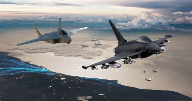 Two jet fighter aircraft flying over the coastline with drones in formation, 2K Desktop Wallpaper