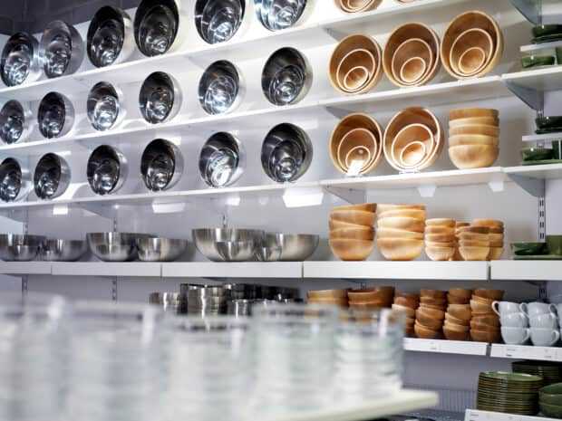 A collection of modern kitchenware including metal and wooden bowls displayed on shelves with Ikea Wallpapers, HD Desktop Wallpaper