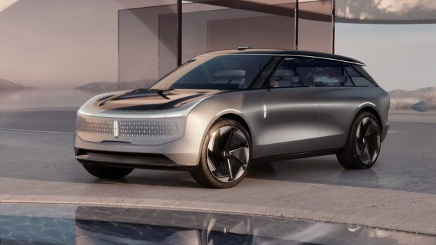 A sleek modern Lincoln car is parked by the pool with a scenic background, 4K Desktop Wallpaper