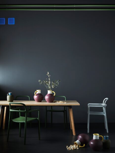 A modern minimalist dining area features colorful chairs and vases with Ikea Wallpapers, 2K Desktop Wallpaper