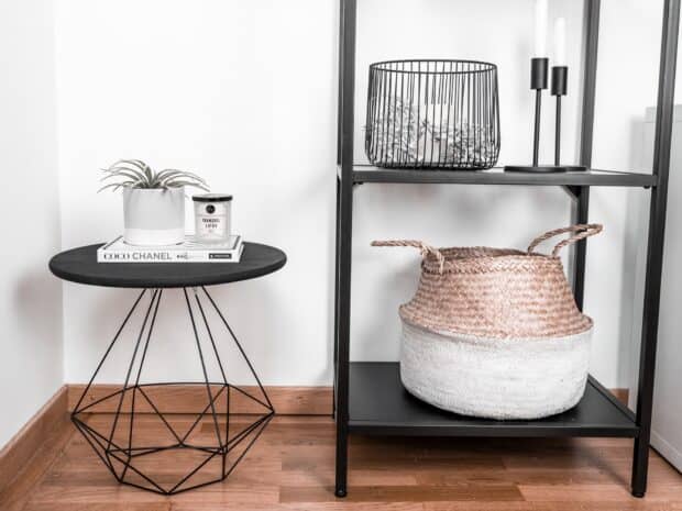 A modern minimalist room features Ikea furniture pieces including a metal table and woven basket, HD Desktop Wallpaper