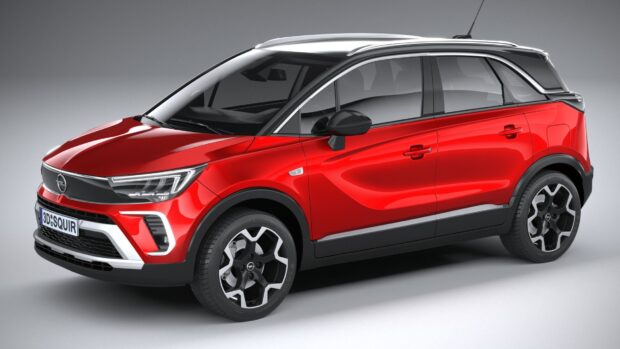 A red Opel Crossland car is shown from the side and front angles, HD Desktop Wallpaper