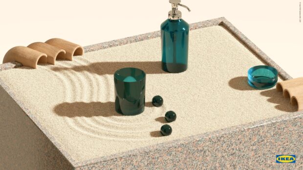 A modern sand garden with blue glass and wooden decorations is shown in Ikea Wallpapers, 4K Desktop Wallpaper