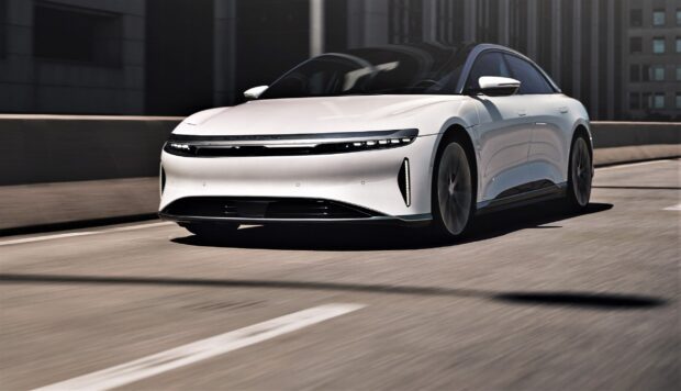 A modern white Lucid Motors is driving on a city street with buildings in the background, 2K Desktop Wallpaper