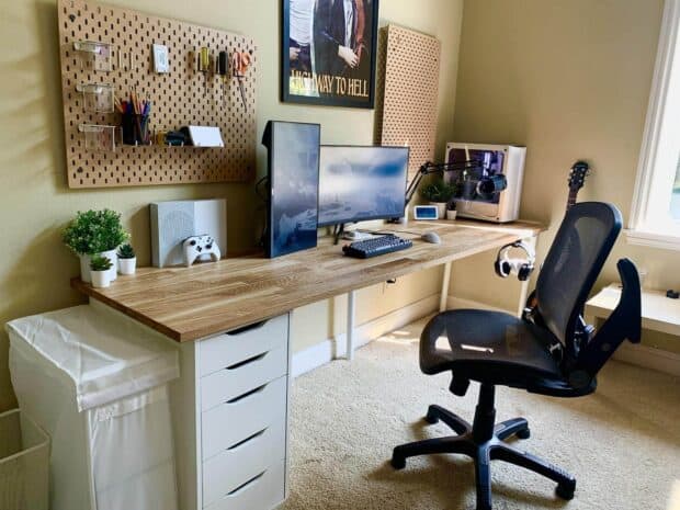 A clean desk setup featuring dual monitors displaying Ikea wallpapers in an organized room, HD Desktop Wallpaper