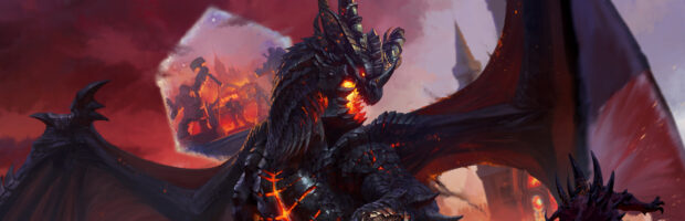 A fiery dragon engulfed in flames prepares to unleash its wrath in a dark fantasy setting featuring molten lava and ruins, 4K Desktop Wallpaper