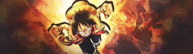 Monkey D Luffy is shown in a dynamic pose with a fiery background, 4K Desktop Wallpaper